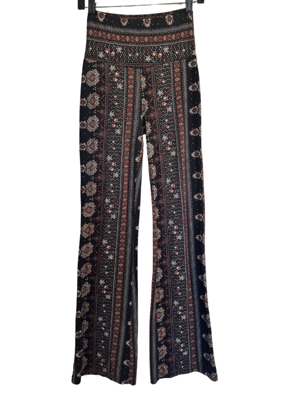 Boho Flare Pants Black Paisley Print Wide Leg Festival Style S